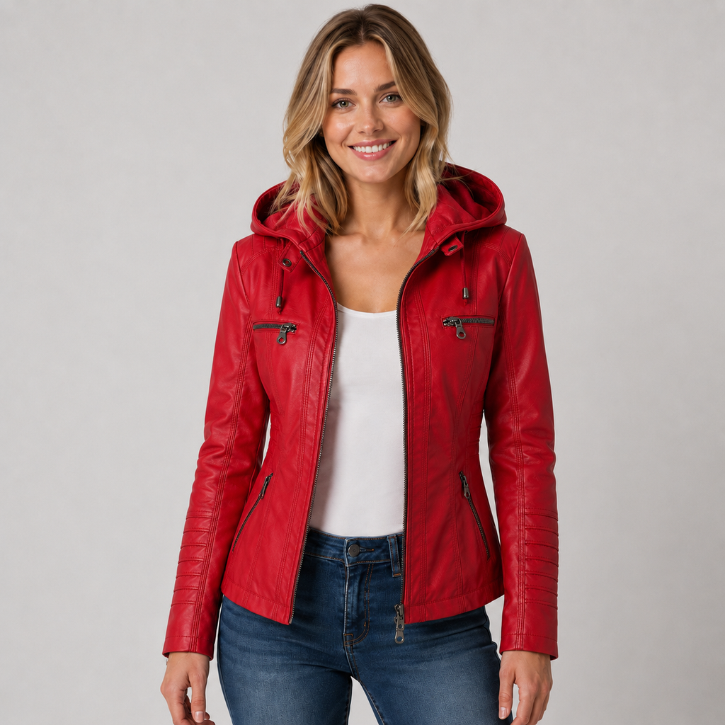 Women's Leather Style Jacket with Hood and Zip Pockets