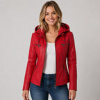 Women's Leather Style Jacket with Hood and Zip Pockets
