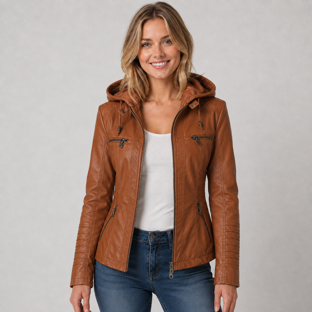Women's Leather Style Jacket with Hood and Zip Pockets