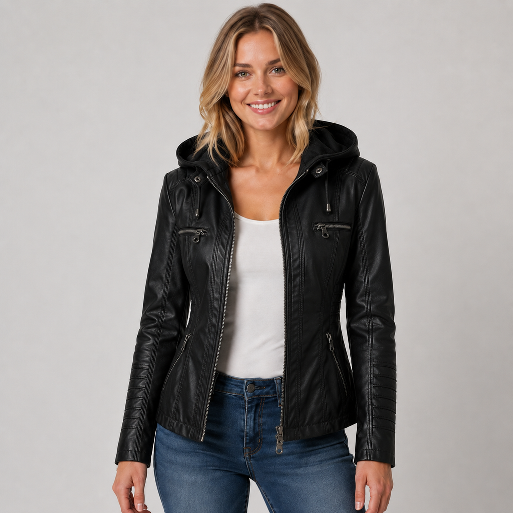 Women's Leather Style Jacket with Hood and Zip Pockets