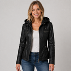 Women's Leather Style Jacket with Hood and Zip Pockets