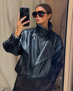 Women's Oversized Faux Leather Jacket | Stand Collar Zip Up Biker Coat