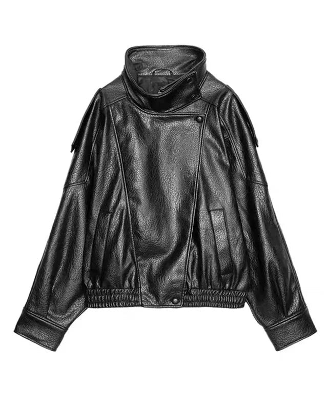 Women's Oversized Faux Leather Jacket | Stand Collar Zip Up Biker Coat