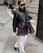 Women's Oversized Faux Leather Jacket | Stand Collar Zip Up Biker Coat
