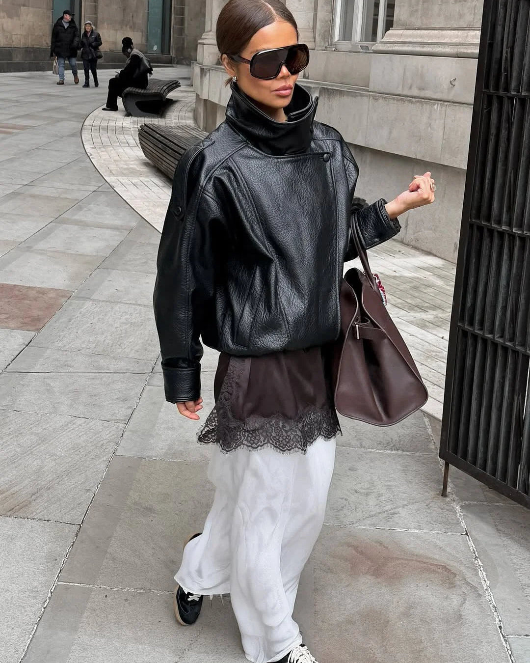 Women's Oversized Faux Leather Jacket | Stand Collar Zip Up Biker Coat