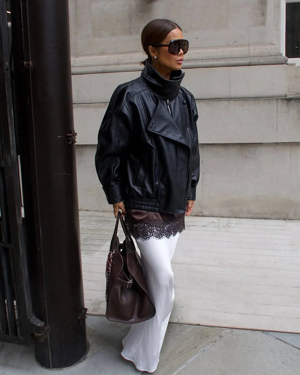 Women's Oversized Faux Leather Jacket | Stand Collar Zip Up Biker Coat