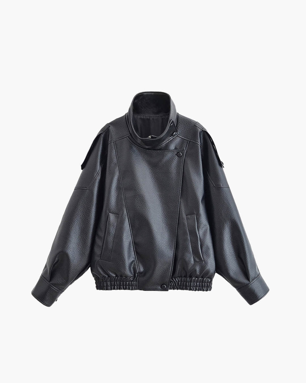 Women's Black Oversized Leather Style Jacket with High Collar