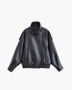 Women's Black Oversized Leather Style Jacket with High Collar