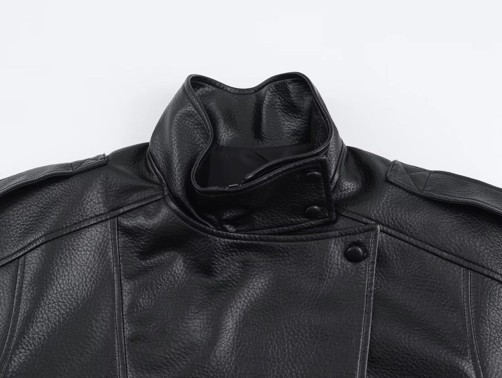 Women's Black Oversized Leather Style Jacket with High Collar