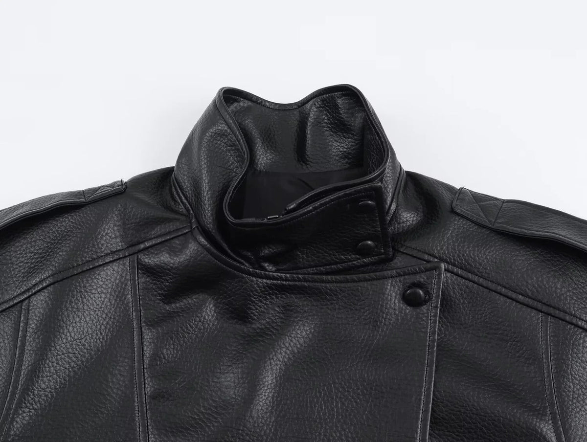Women's Black Oversized Leather Style Jacket with High Collar
