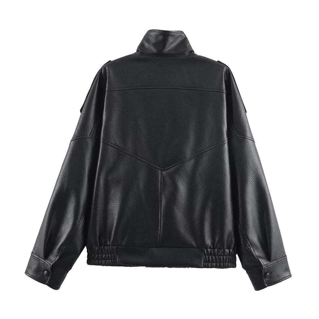 Women's Black Oversized Leather Style Jacket with High Collar