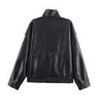 Women's Black Oversized Leather Style Jacket with High Collar