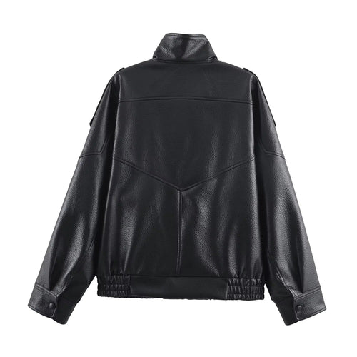 Women's Black Oversized Leather Style Jacket with High Collar