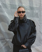 Women's Black Oversized Leather Style Jacket with High Collar