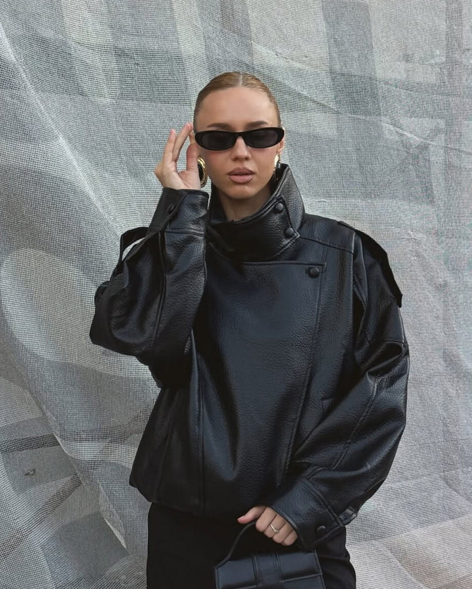 Women's Black Oversized Leather Style Jacket with High Collar