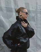 Women's Black Oversized Leather Style Jacket with High Collar