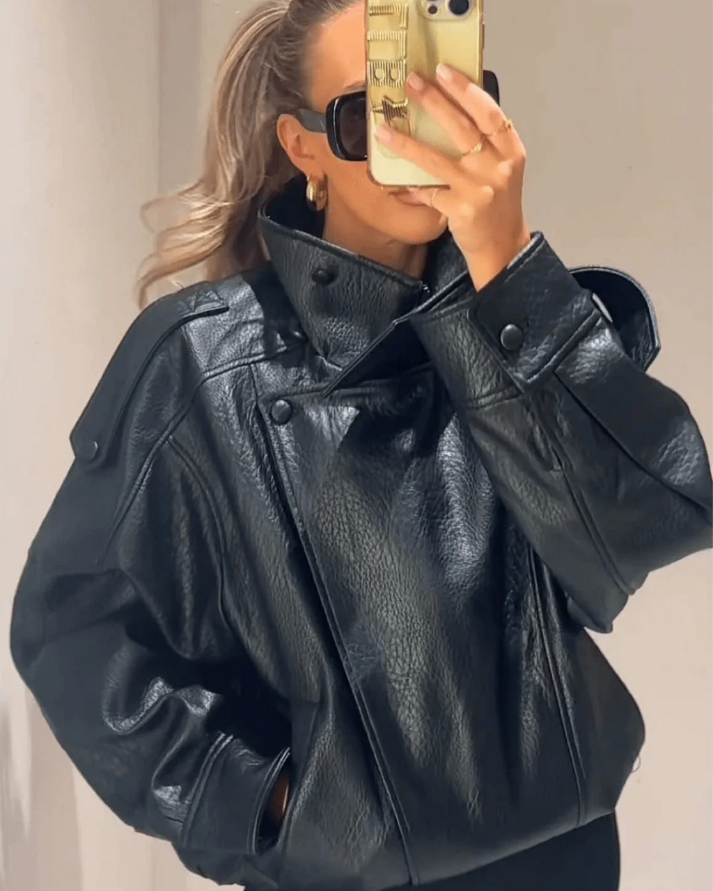 Women's Black Oversized Leather Style Jacket with High Collar