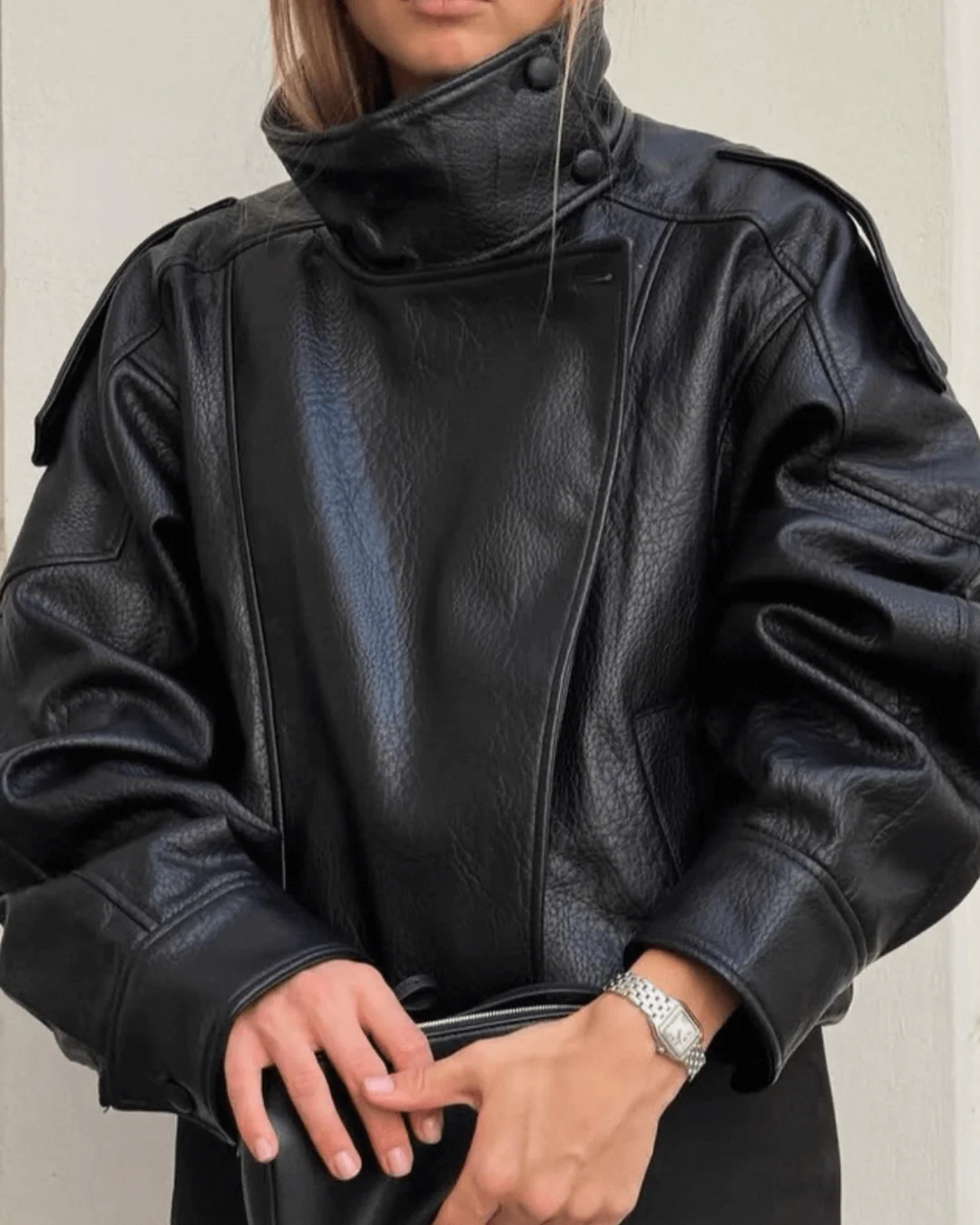 Women's Black Oversized Leather Style Jacket with High Collar