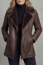Women's Leather Style Jacket with Shearling Collar and Zip Front