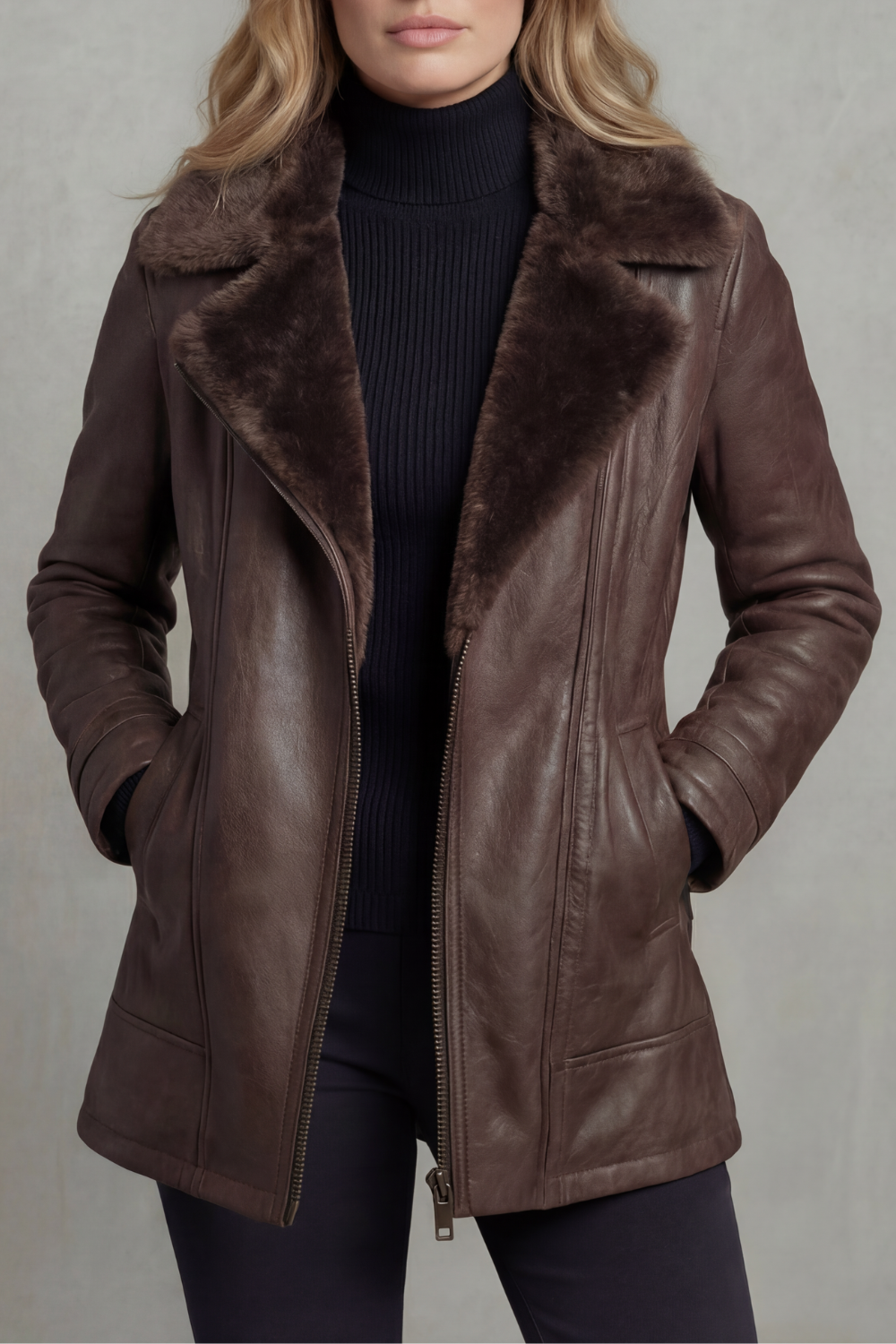 Women's Leather Style Jacket with Shearling Collar and Zip Front