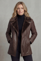 Women's Leather Style Jacket with Shearling Collar and Zip Front