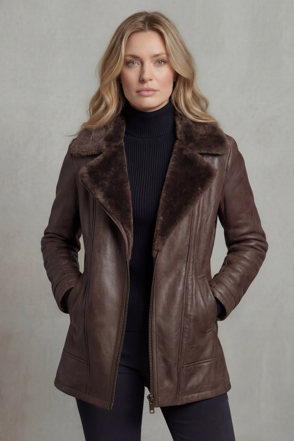 Women's Leather Style Jacket with Shearling Collar and Zip Front