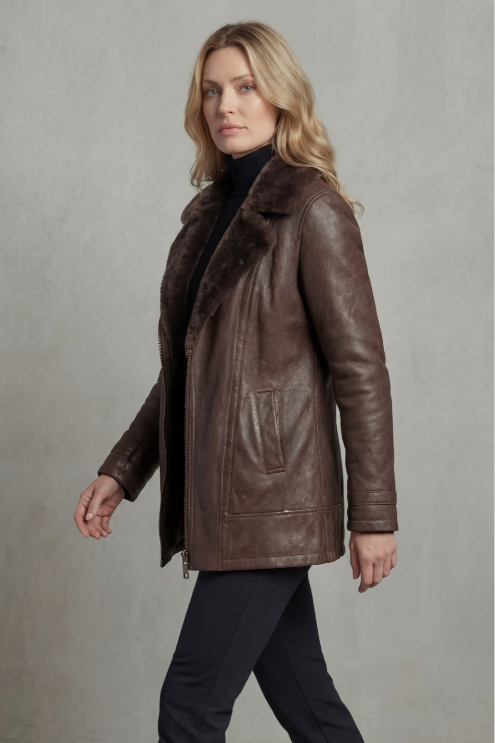 Women's Leather Style Jacket with Shearling Collar and Zip Front
