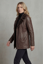 Women's Leather Style Jacket with Shearling Collar and Zip Front