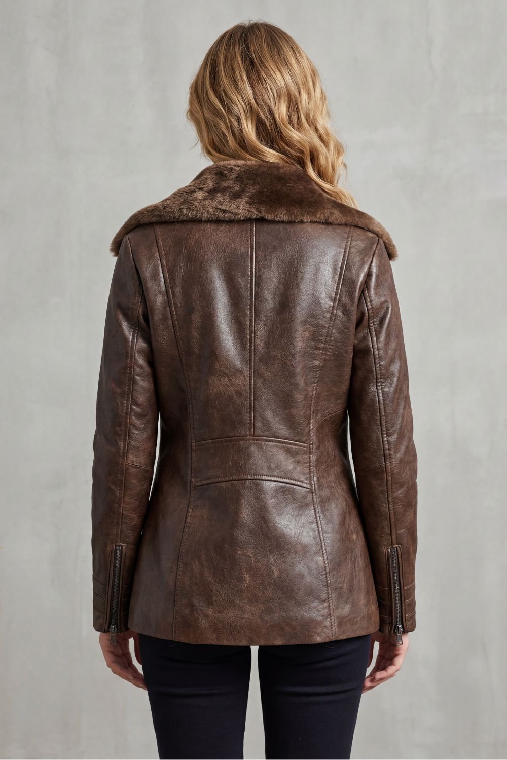 Women's Leather Style Jacket with Shearling Collar and Zip Front