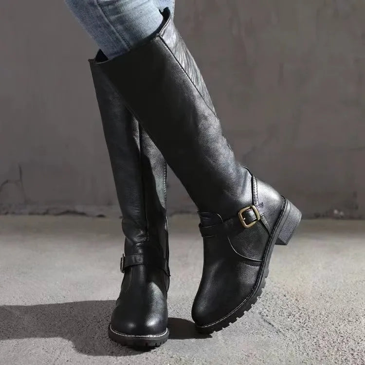 Women's Faux Leather Knee High Boots with Buckle Strap