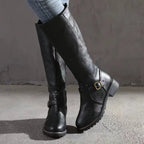 Women's Faux Leather Knee High Boots with Buckle Strap