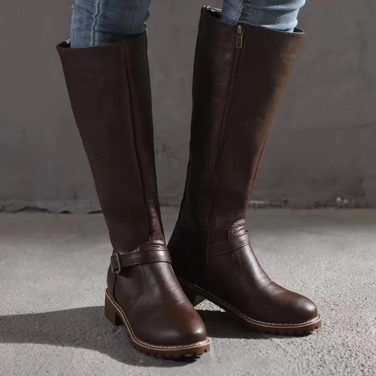 Women's Faux Leather Knee High Boots with Buckle Strap