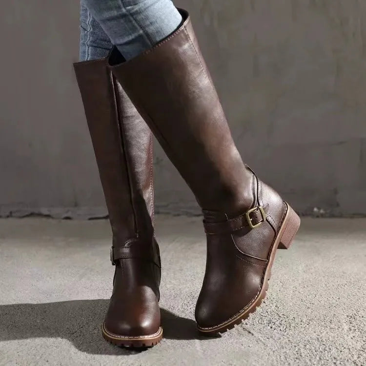 Women's Faux Leather Knee High Boots with Buckle Strap
