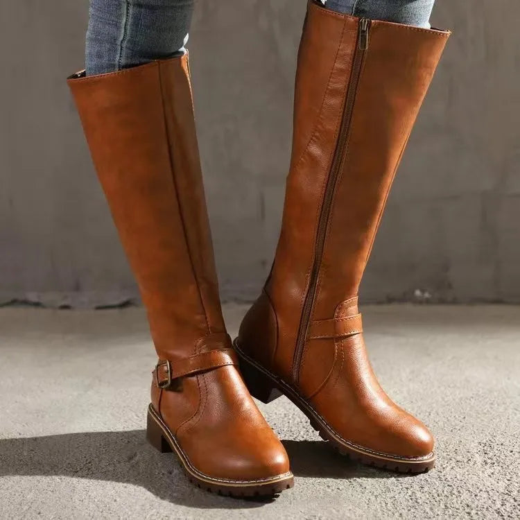 Women's Faux Leather Knee High Boots with Buckle Strap
