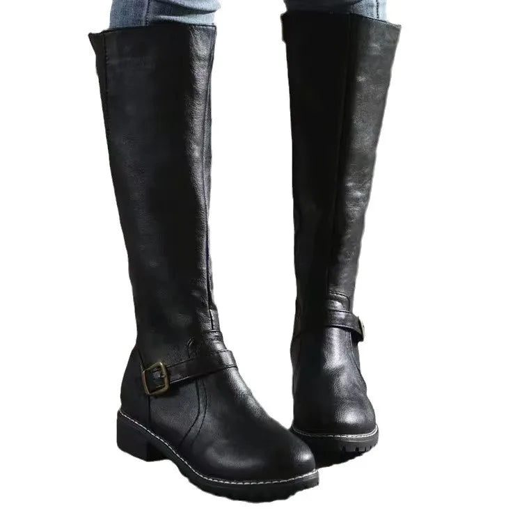 Women's Faux Leather Knee High Boots with Buckle Strap