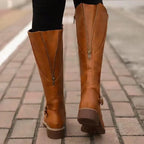Women's Faux Leather Knee High Boots with Buckle Strap