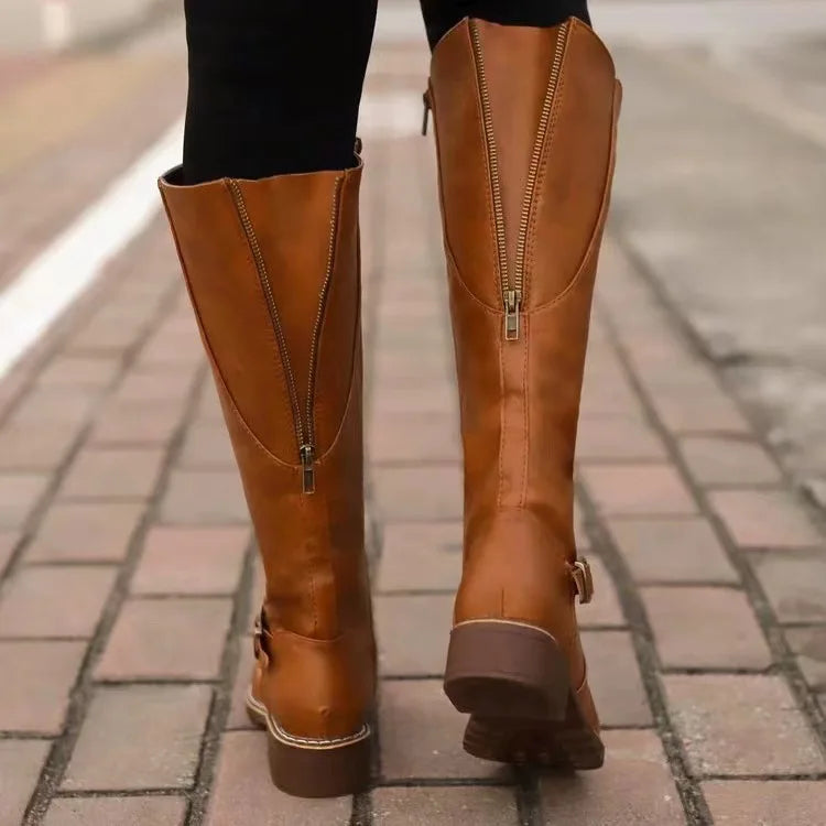 Women's Faux Leather Knee High Boots with Buckle Strap