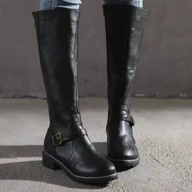 Women's Faux Leather Knee High Boots with Buckle Strap