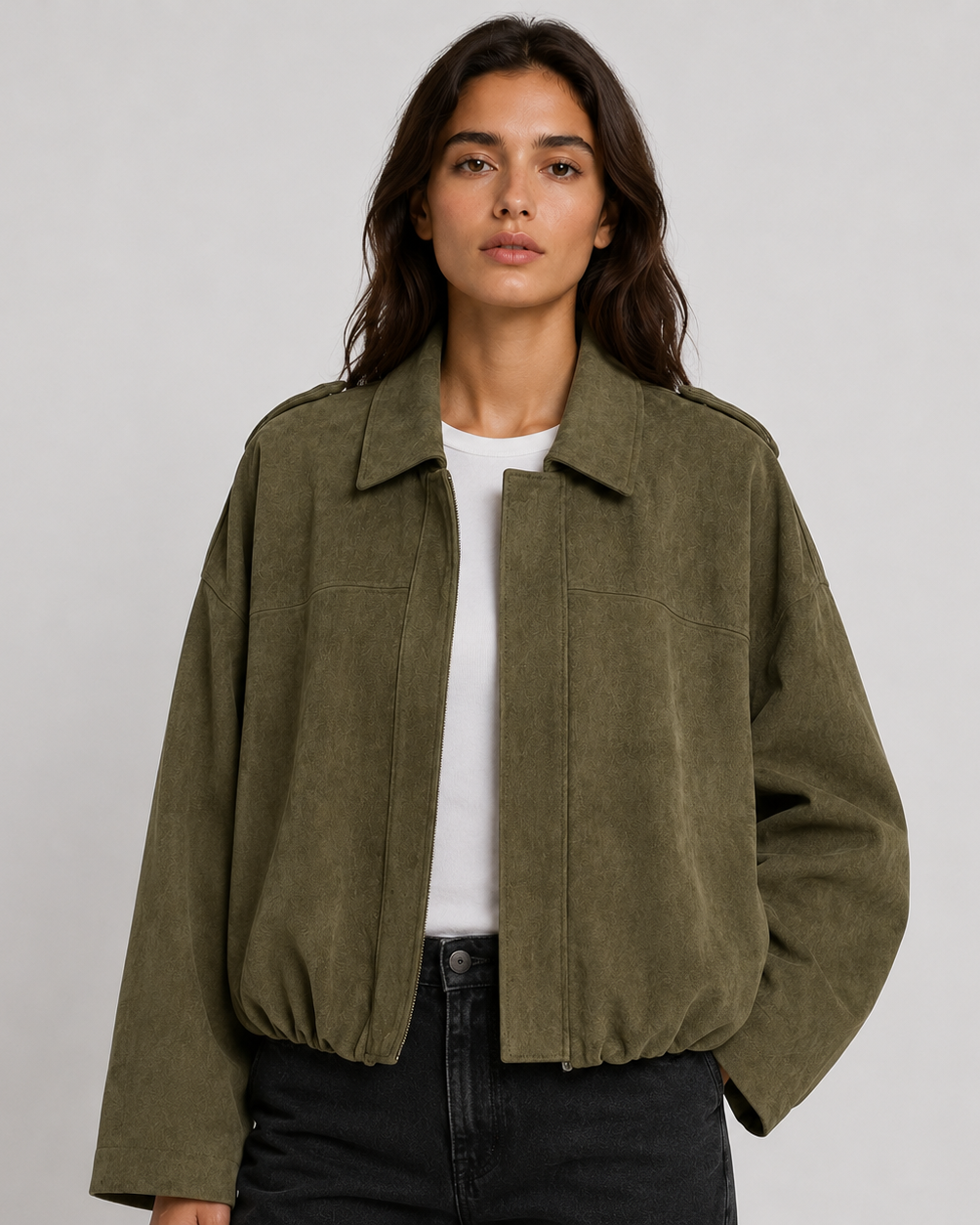Women's Oversized Collared Zip Up Bomber Jacket