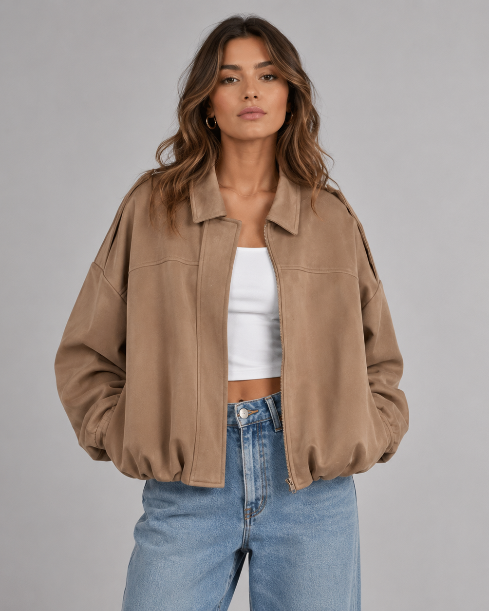 Women's Oversized Collared Zip Up Bomber Jacket