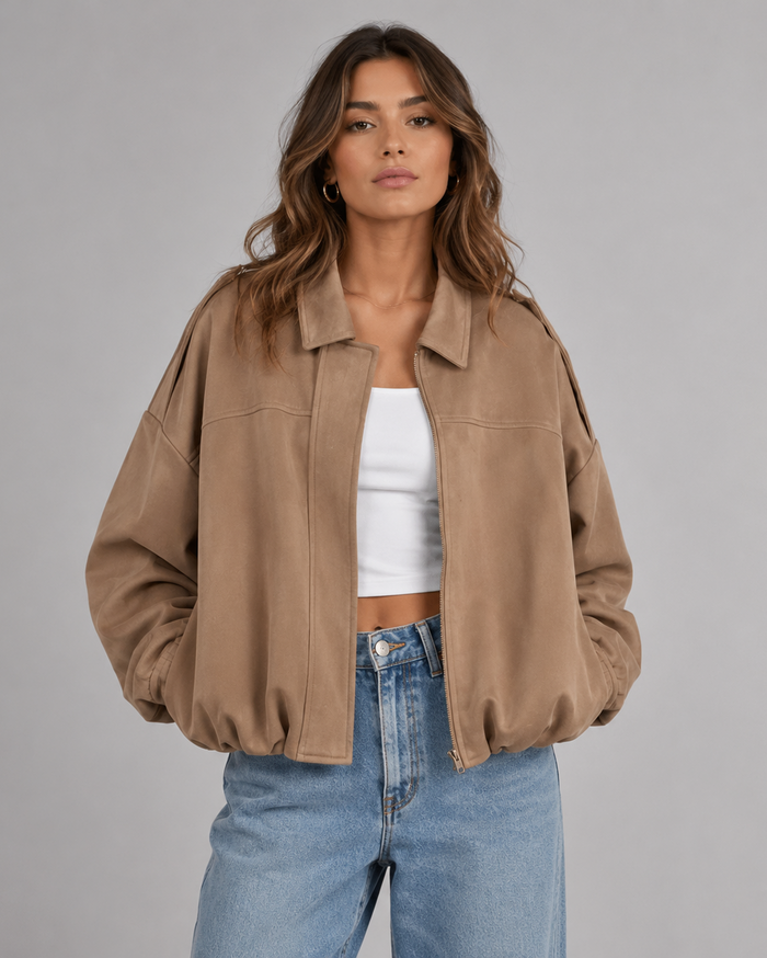 Women's Oversized Collared Bomber Jacket with Zip Closure