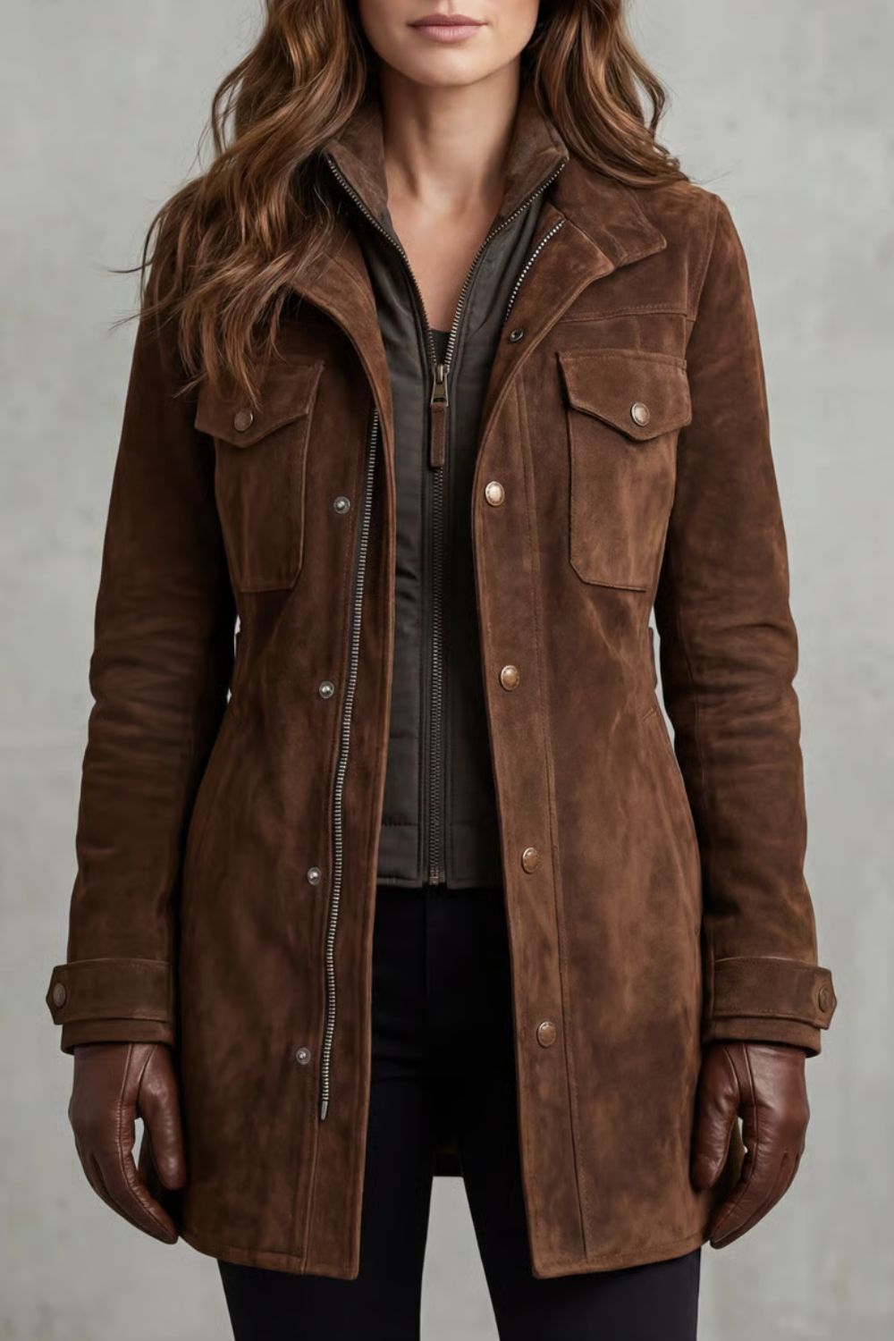 Women’s Long Brown Suede Finish Jacket with Zip Front and Flap Pockets