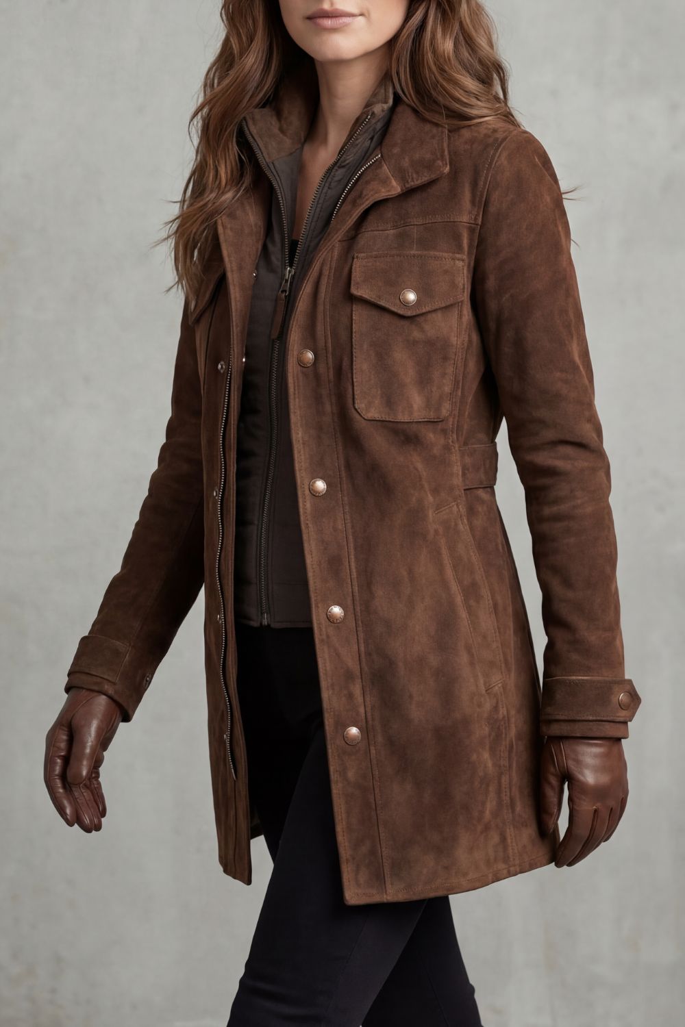 Women’s Long Brown Suede Finish Jacket with Zip Front and Flap Pockets