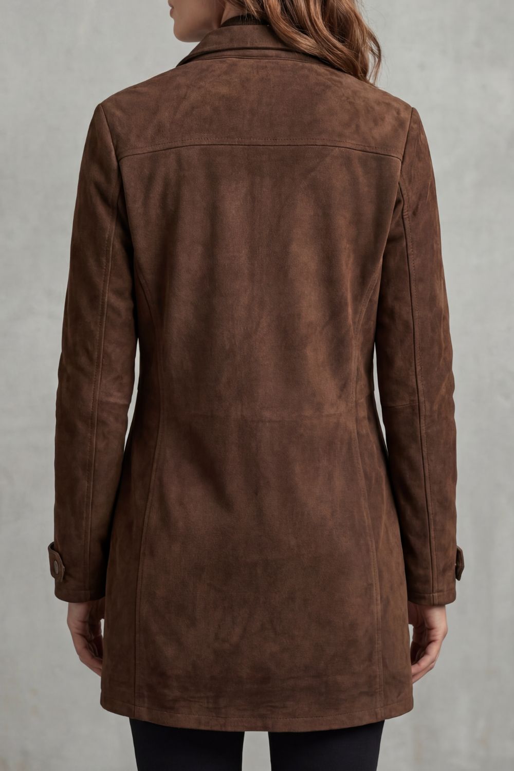 Women’s Long Brown Suede Finish Jacket with Zip Front and Flap Pockets