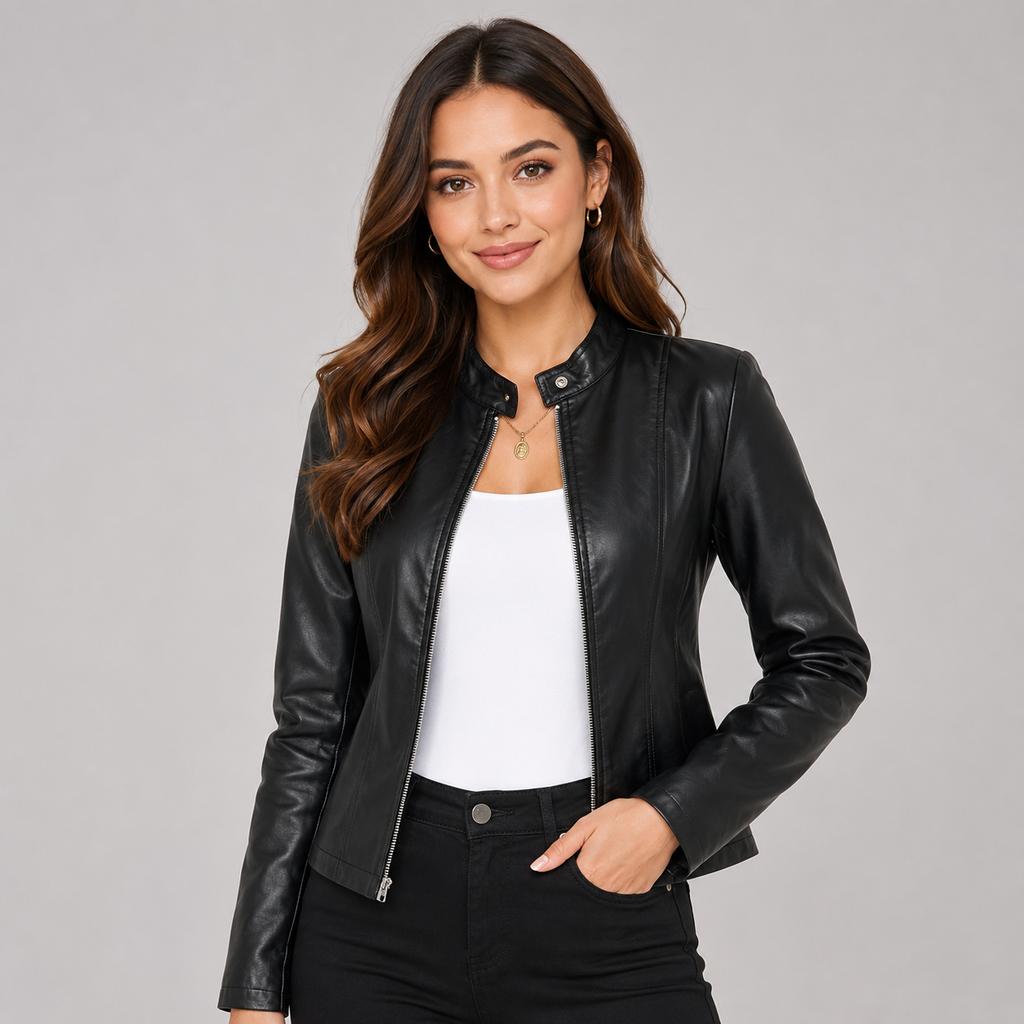 Women's Fitted Faux Leather Jacket with and Zip Front