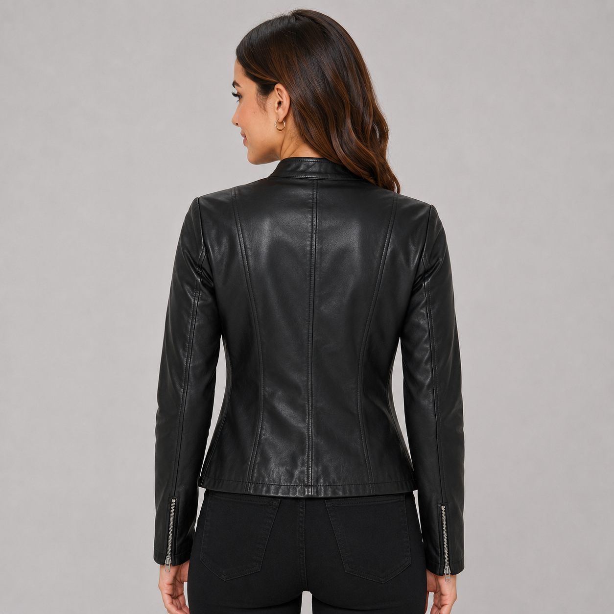 Women's Fitted Faux Leather Jacket with and Zip Front