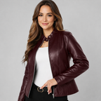 Women's Fitted Faux Leather Jacket with and Zip Front