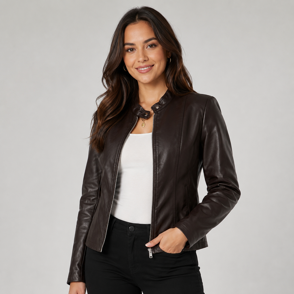 Women's Fitted Faux Leather Jacket with and Zip Front