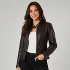 Women's Fitted Faux Leather Jacket with and Zip Front