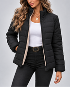 Black quilted puffer jacket with teddy lined collar front